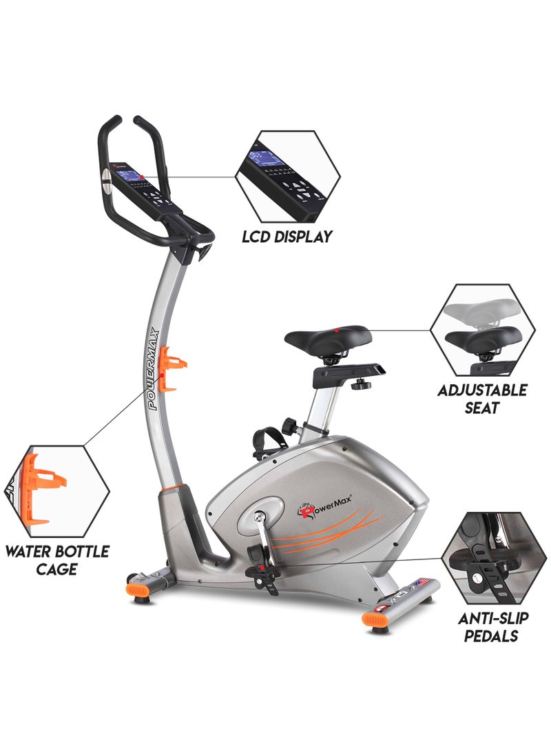 PowerMax Fitness - Fitness® Bu-750 Exercise Upright Bike With Hand Pulse, Adjustable Resistance, Water Bottle Cage, 9Kg Flywheel For Cardio Training Workout At Home, Silver Shine Colour - Image 1