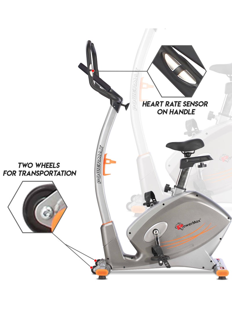 PowerMax Fitness - Fitness® Bu-750 Exercise Upright Bike With Hand Pulse, Adjustable Resistance, Water Bottle Cage, 9Kg Flywheel For Cardio Training Workout At Home, Silver Shine Colour - Image 1