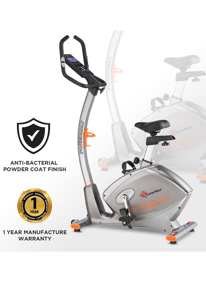 PowerMax Fitness - Fitness® Bu-750 Exercise Upright Bike With Hand Pulse, Adjustable Resistance, Water Bottle Cage, 9Kg Flywheel For Cardio Training Workout At Home, Silver Shine Colour - Image 1