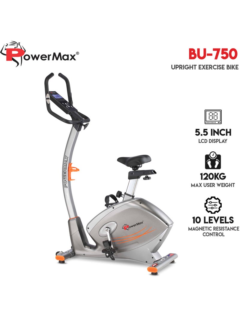 PowerMax Fitness - Fitness® Bu-750 Exercise Upright Bike With Hand Pulse, Adjustable Resistance, Water Bottle Cage, 9Kg Flywheel For Cardio Training Workout At Home, Silver Shine Colour - Image 1