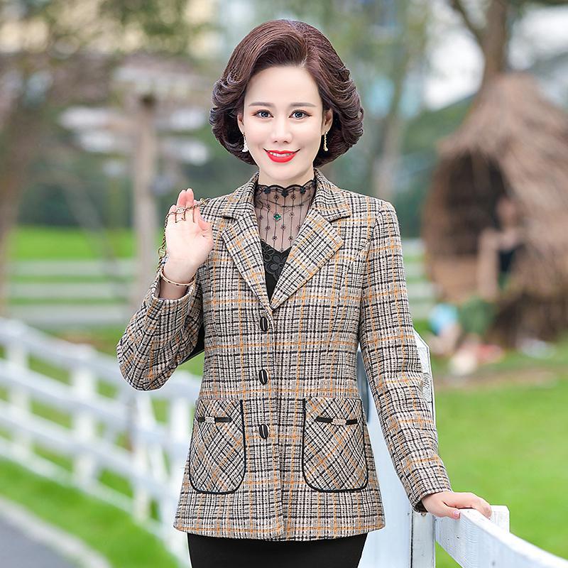 Mom spring and autumn clothing Chanel style woolen coat middle-aged and elderly womens clothing Western style small suit 50-year-old plaid cardigan top Yellow - Image 1