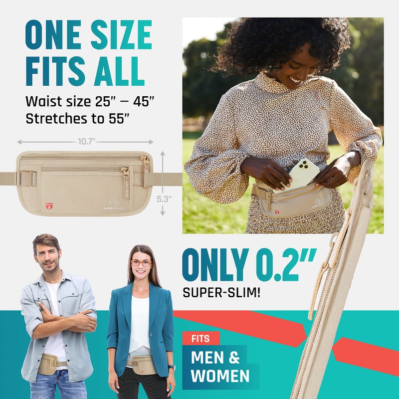 Alpha Keeper حزام المال المخفي للسفر للرجال، محفظة خصر مضادة للسرقة، حامل جواز سفر RFID للسفر للرجال أو النساء، كيس نقود، حامل جواز سفر RFID - Image 2
