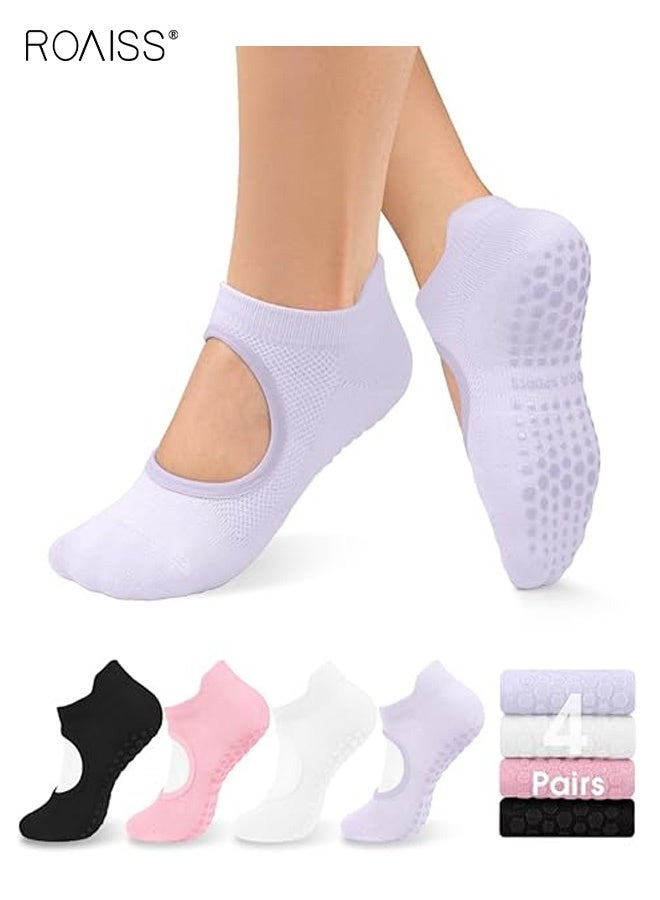 roaiss Women's 4 Pack Yoga Socks Non Slip Grip Socks, Pilates Socks with Grips for Women, Strap Ideal for Pilates Pure Barre Ballet Dance Barefoot Workout - Image 1