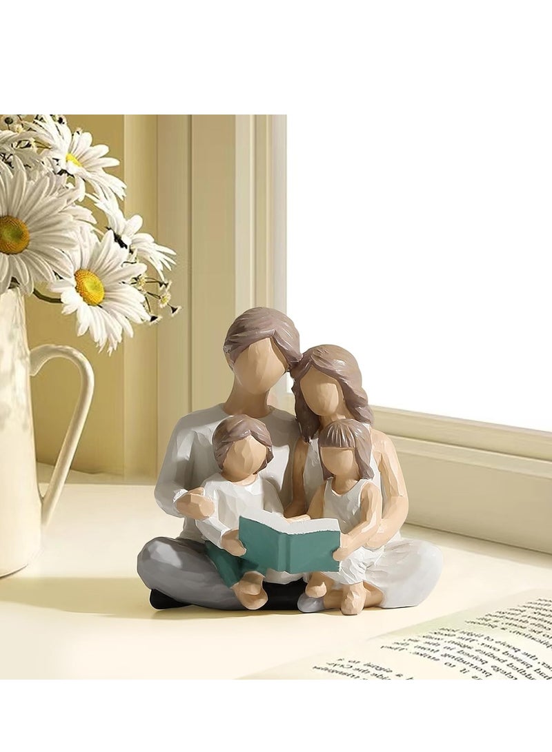 SYOSI Family of 4 Reading Book Figurines, Hand-Painted Figures, Gifts for Parents, Daughter, Son, Family Sculpture, Shelf Decor, Desktop, Home, Bedroom, Living Room Decoration, Coaster  - Image 1