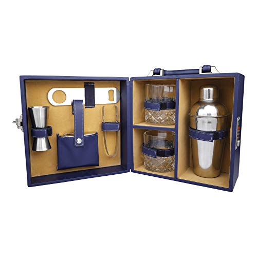 Anything & Everything Bar Accessories | Mini Portable Bar Set | Leatherette Bar Set | Bar Set | Barware Set for Picnic | Barware Set for Travel | Bar Tool Set for car | Whiskey Glasses (Blue & Beige) - Image 1