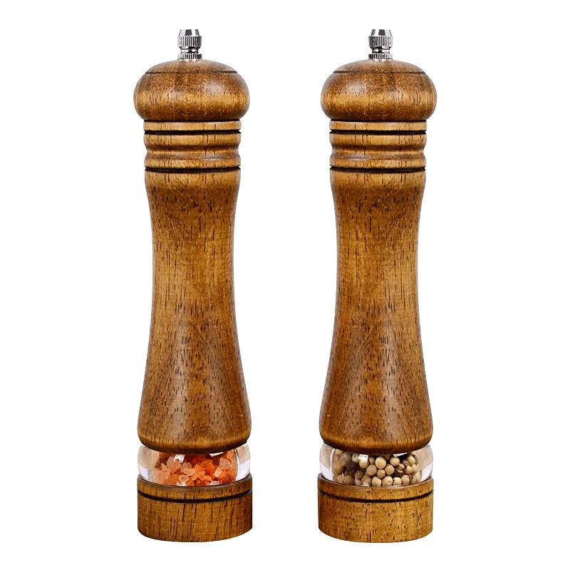 Haomacro Pepper Grinder Wood Salt and Pepper Mills Set Classic Manual Spice Grinder Refillable Salt Mill Sets with Acrylic Visible Window Adjustable Ceramic Grinding Rotor 8 inch 2 Pack