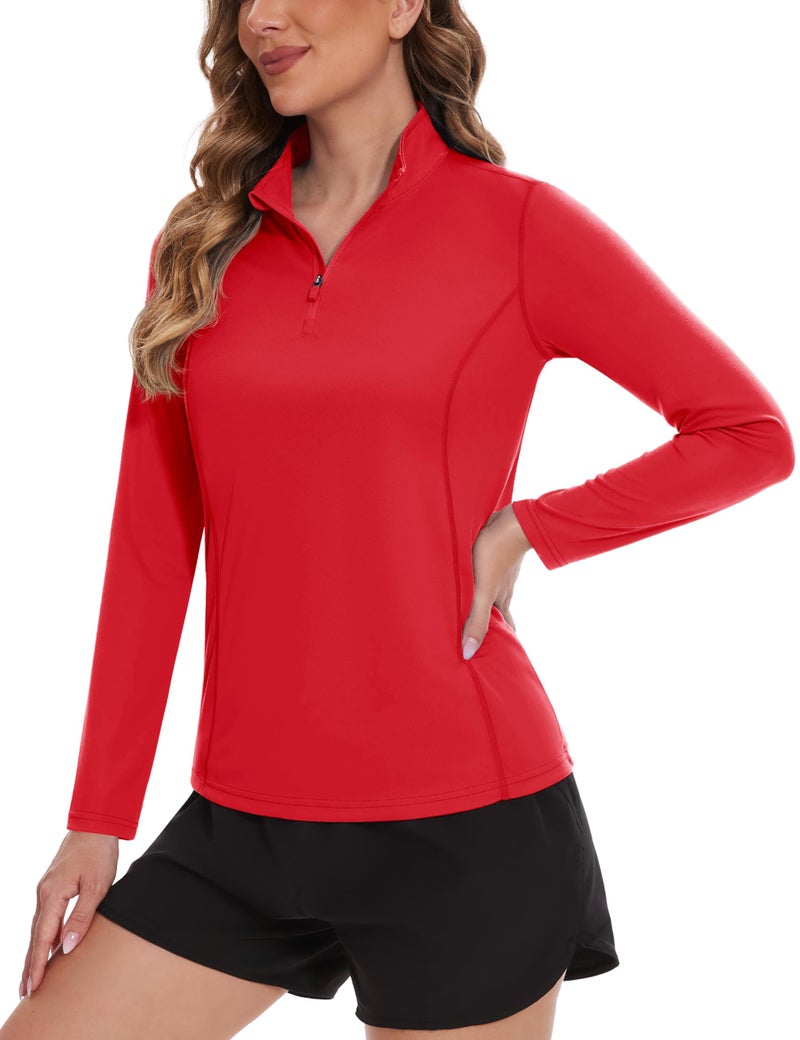 TACVASEN Women's Quarter Zip Pullover Athletic Tops Long Sleeve UV Protection Shirts Rash Guard Quick Dry Red, M - Image 1