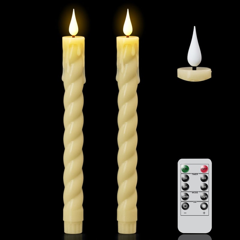 DRomance Flickering Flameless Taper Candles with Remote and Timer, 2 Pack Battery Operated LED Taper Candles 3D Wick Plastic Dripping Effect Dinner Wedding Holiday Decor(Ivory, 0.78" D x 9.65" H) - Image 1