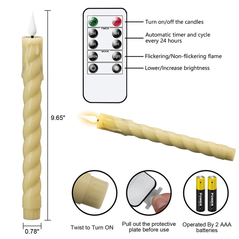 DRomance Flickering Flameless Taper Candles with Remote and Timer, 2 Pack Battery Operated LED Taper Candles 3D Wick Plastic Dripping Effect Dinner Wedding Holiday Decor(Ivory, 0.78" D x 9.65" H) - Image 2