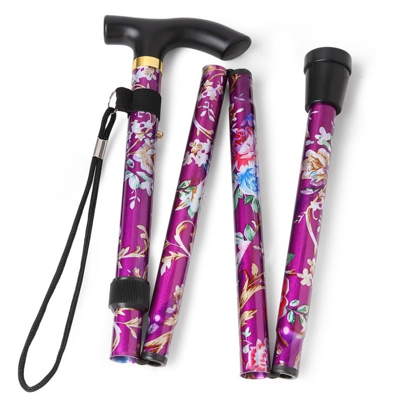 Comfkey Folding Lightweight Walking Stick - Adjustable Aluminum Metal Collapsible Travel Cane with Non-Slip Rubber Base (Purple Floral) - Image 1