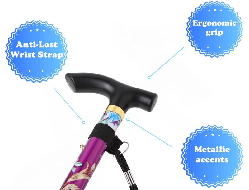 Comfkey Folding Lightweight Walking Stick - Adjustable Aluminum Metal Collapsible Travel Cane with Non-Slip Rubber Base (Purple Floral) - Image 2