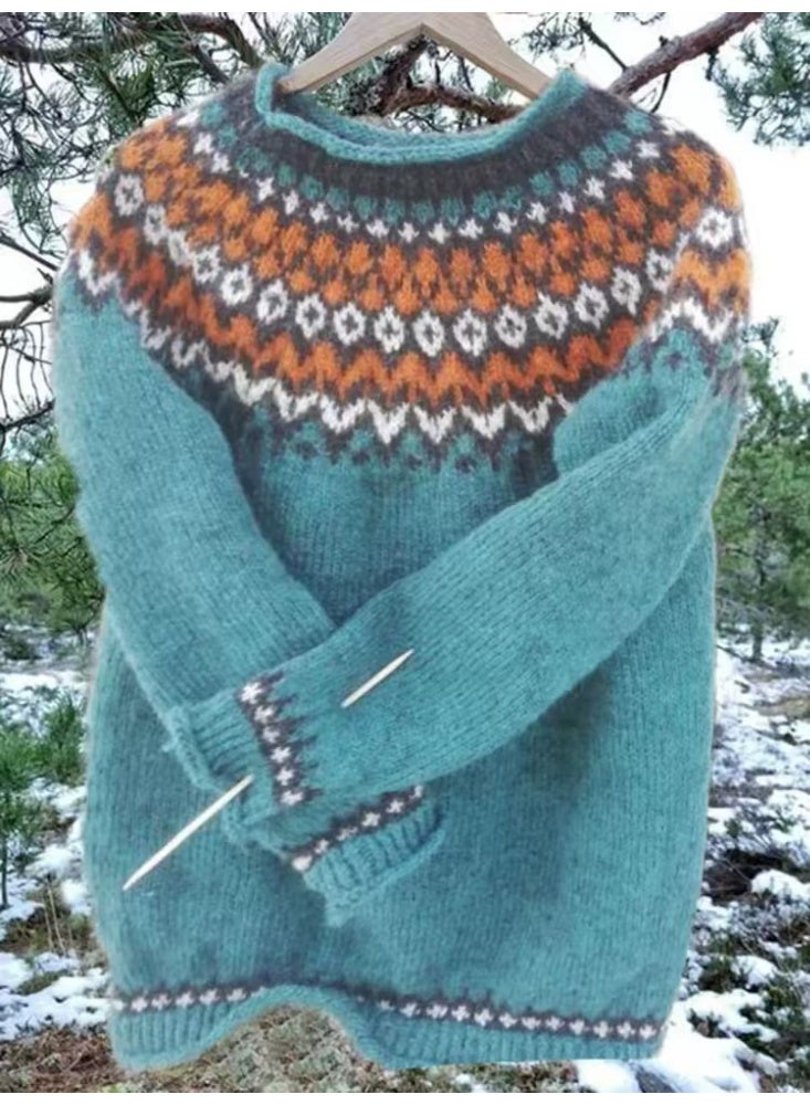 general Womens Fall Vintage Fair Isle Sweater Casual Loose Long Sleeve Crewneck Knitted Pullover Sweater Tops - Image 1