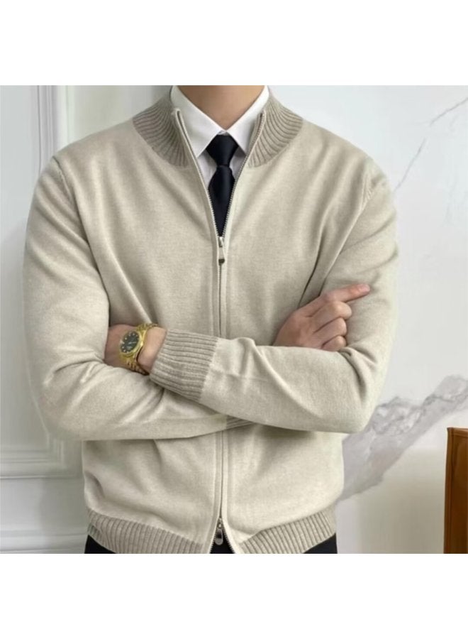 Apricot British Stand-collar Fit-blocked Double Zipper Knitted Cardigan
