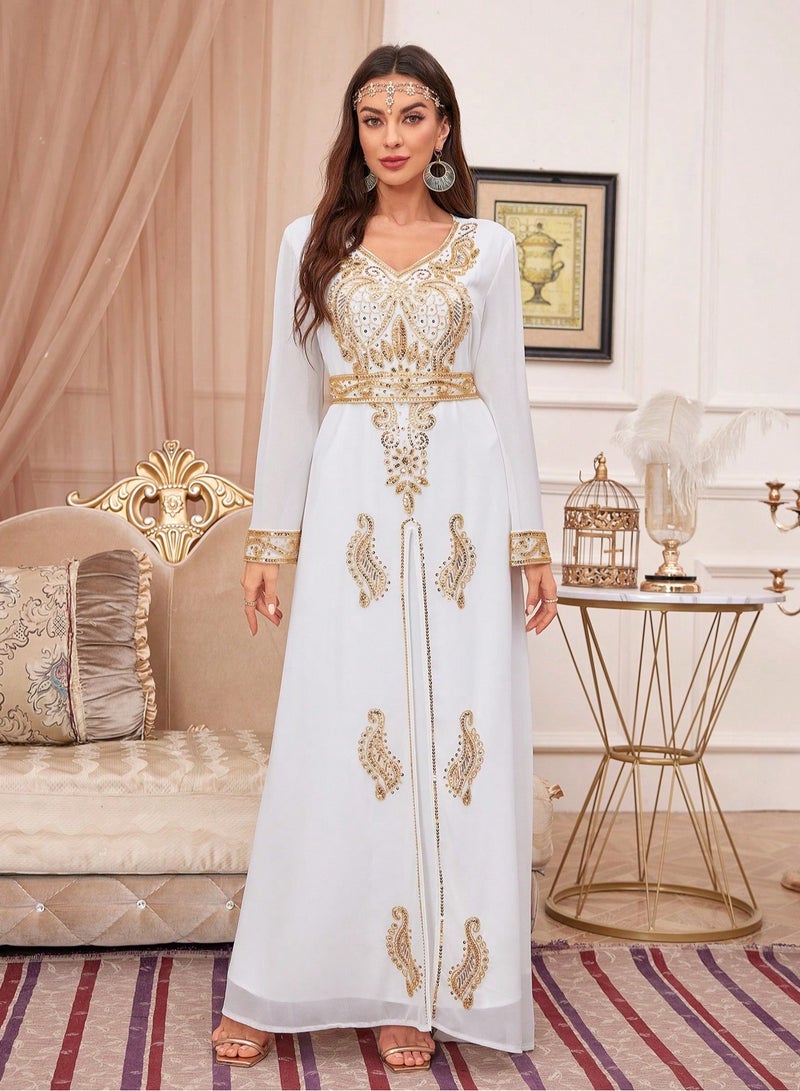 Madam Uniq Sequin Embroidery V Neck arabic tunic maxi dress ankle long Abaya dress for woman  - Image 3