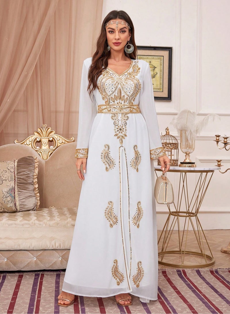 Madam Uniq Sequin Embroidery V Neck arabic tunic maxi dress ankle long Abaya dress for woman  - Image 4