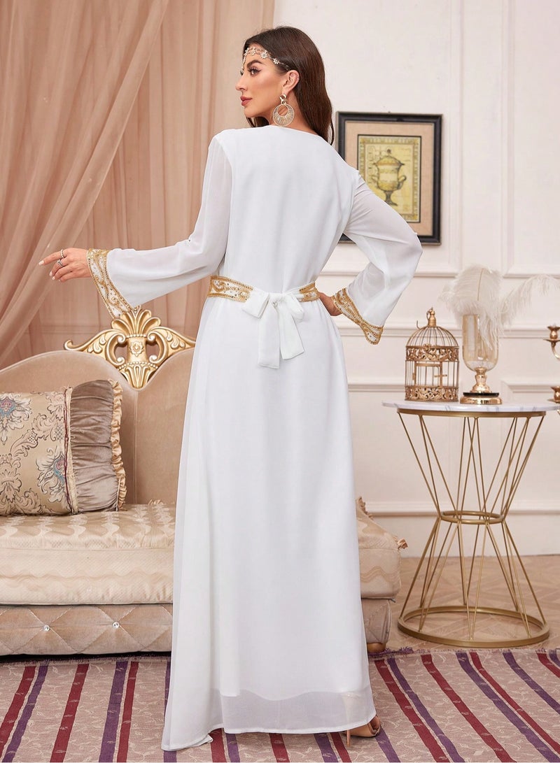 Madam Uniq Sequin Embroidery V Neck arabic tunic maxi dress ankle long Abaya dress for woman  - Image 2