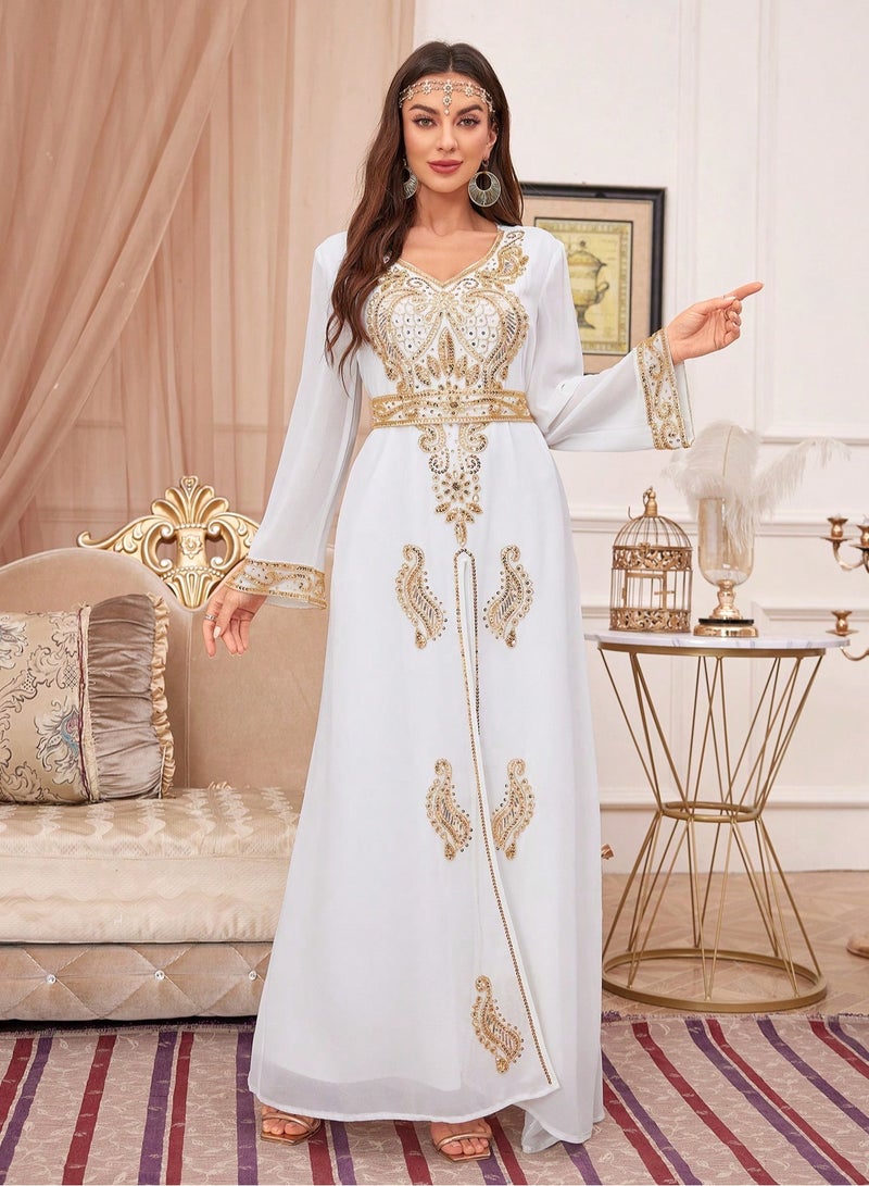 Madam Uniq Sequin Embroidery V Neck arabic tunic maxi dress ankle long Abaya dress for woman  - Image 5