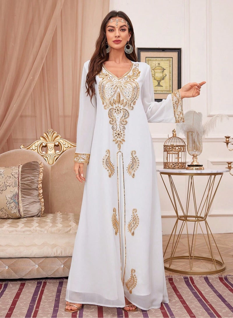 Madam Uniq Sequin Embroidery V Neck arabic tunic maxi dress ankle long Abaya dress for woman  - Image 1