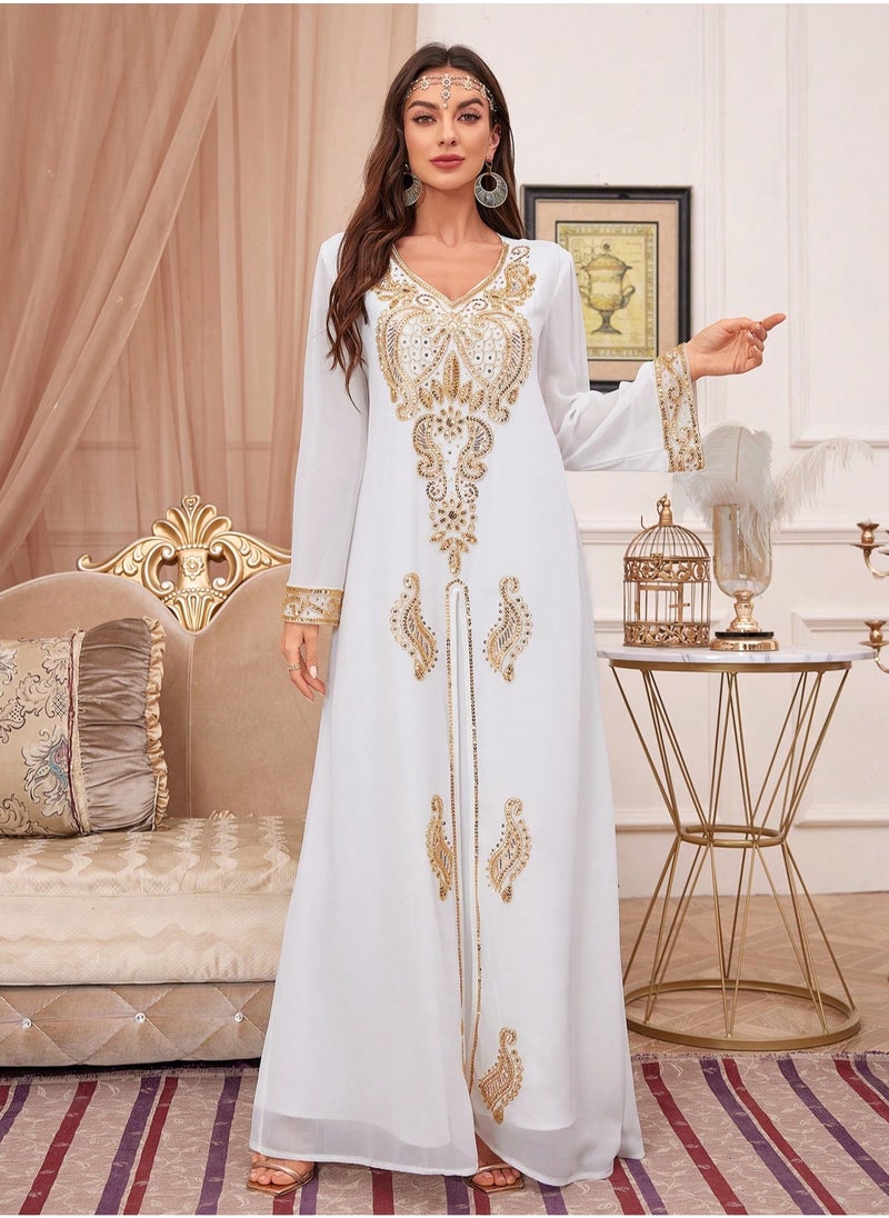 Sequin Embroidery V Neck arabic tunic maxi dress ankle long Abaya dress for woman - pzsku/Z0A9814A24CD8F7509A02Z/45/_/1741052430/b7e8c0f8-5910-47f8-ab6c-d91872256072