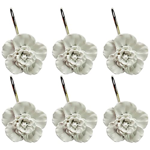 Twofishes White Flower Shower Curtain Hooks Set of 12 Home Fashion Decorative Rust Proof White Flower Shower Curtain Rings Pack of 12 - Image 1