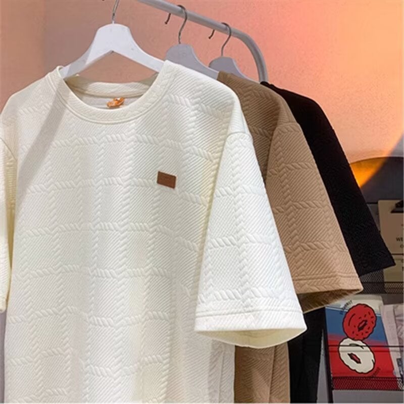 Design Sense Niche Texture Jacquard Heavy Short-Sleeved Men'S Fashion Brand Trendy T-Shirt Summer Top Men'S - Image 5
