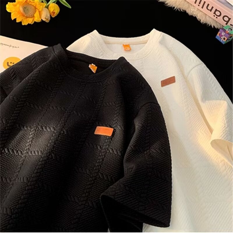 Design Sense Niche Texture Jacquard Heavy Short-Sleeved Men'S Fashion Brand Trendy T-Shirt Summer Top Men'S - Image 4