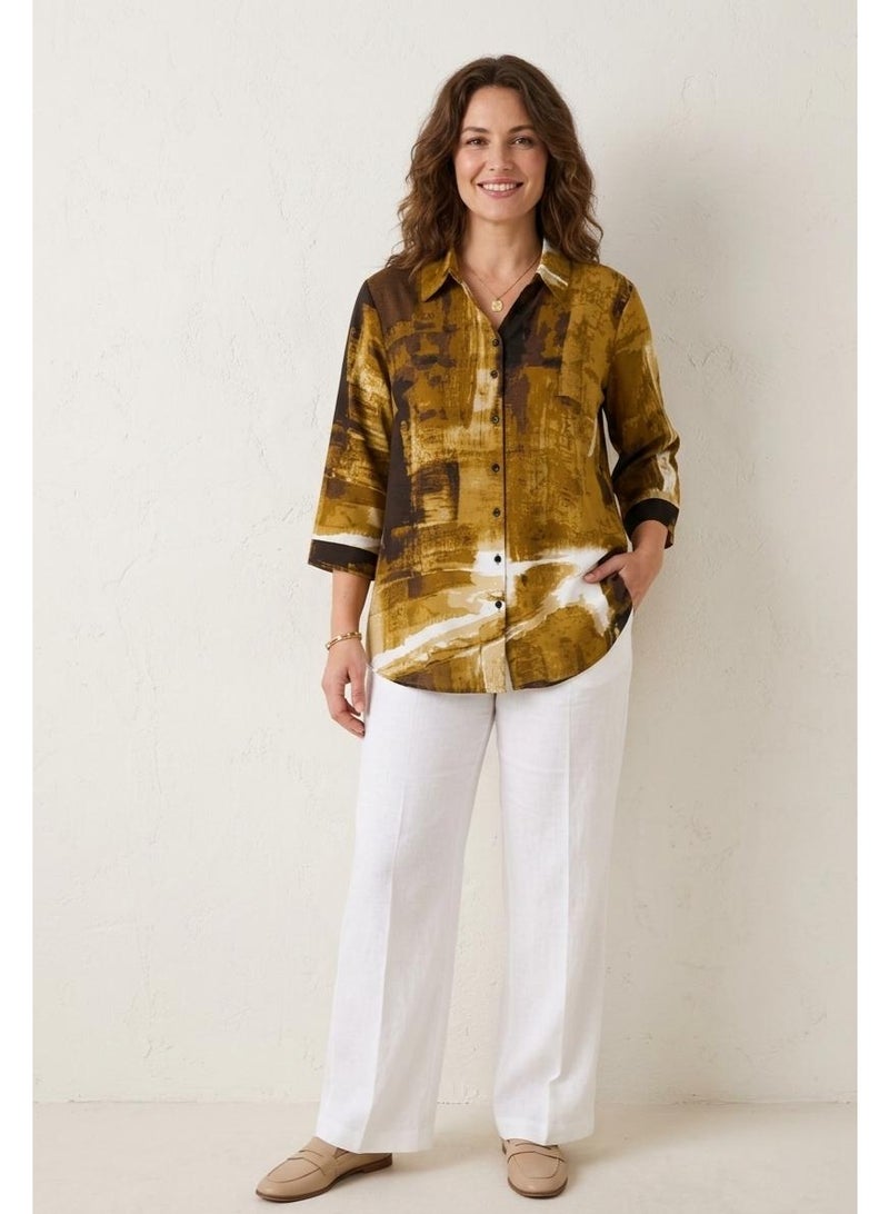 Womens Abstract Print Sleeve Button-Up Shirt