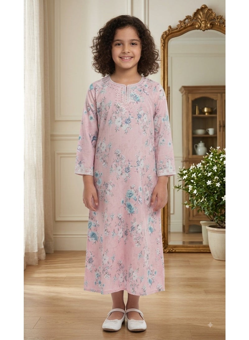 HANA & SARA Girls Arabic Digital Print Jalabiya – Pastel Floral Festive Viscose Blended Comfort Dress - Image 1