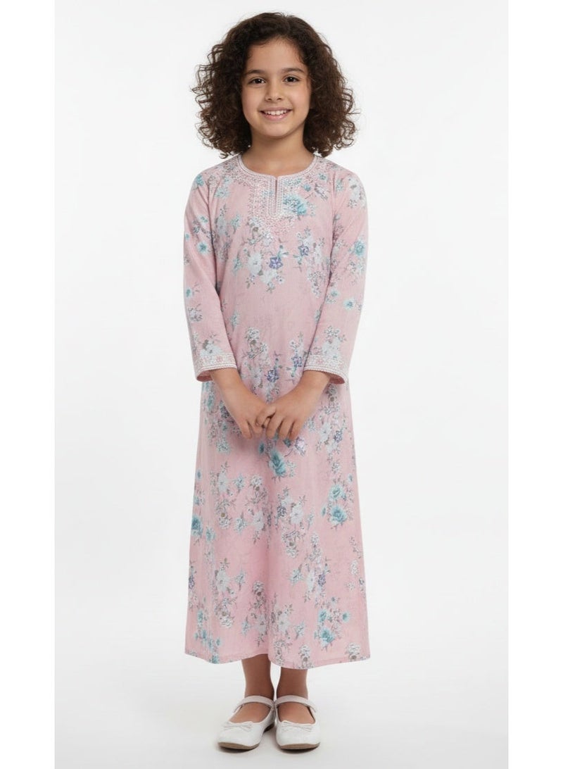 HANA & SARA Girls Arabic Digital Print Jalabiya – Pastel Floral Festive Viscose Blended Comfort Dress - Image 3