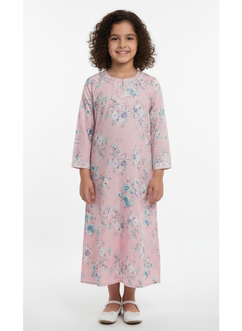 HANA & SARA Girls Arabic Digital Print Jalabiya – Pastel Floral Festive Viscose Blended Comfort Dress - Image 2