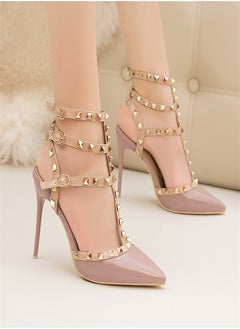Eloshman 10cm LacquerLeather Metal Rivet Hollowed Out Roman Slim Heel High Heels  - Image 2