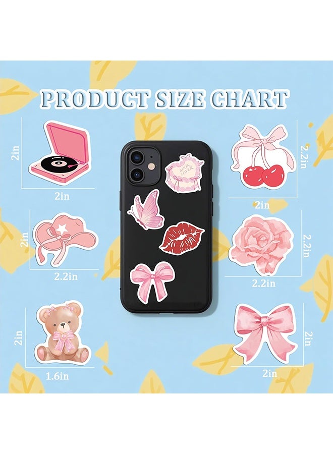 50PCS Coquette Stickers Pink Aesthetic Sticker Pack Cute Bow Tie Decals for Girls Pink Decal for Laptop Vinyl Waterproof Stickers - Image 2
