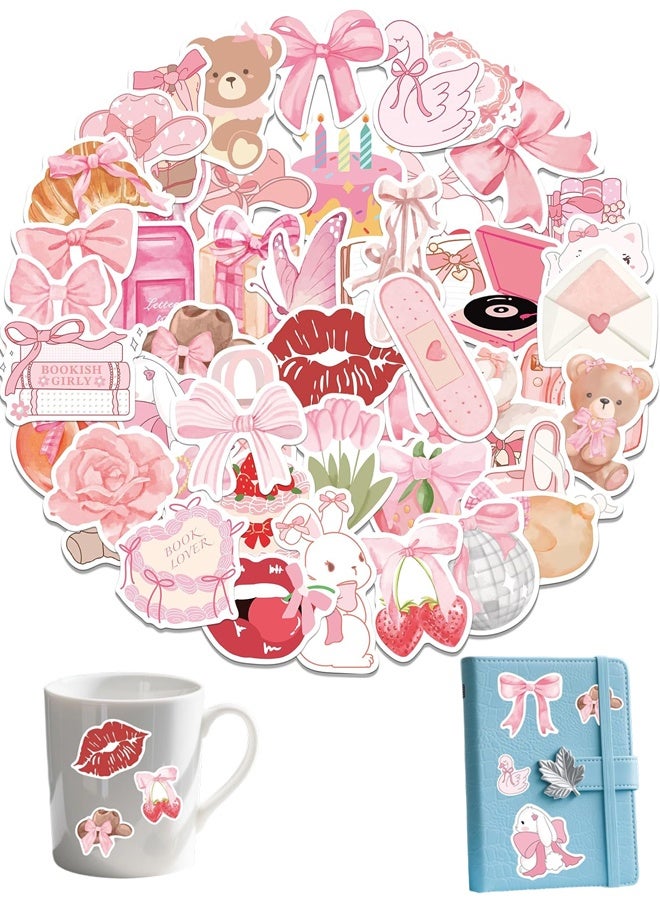 50PCS Coquette Stickers Pink Aesthetic Sticker Pack Cute Bow Tie Decals for Girls Pink Decal for Laptop Vinyl Waterproof Stickers - Image 1