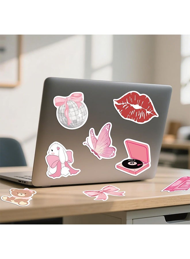 50PCS Coquette Stickers Pink Aesthetic Sticker Pack Cute Bow Tie Decals for Girls Pink Decal for Laptop Vinyl Waterproof Stickers - Image 3