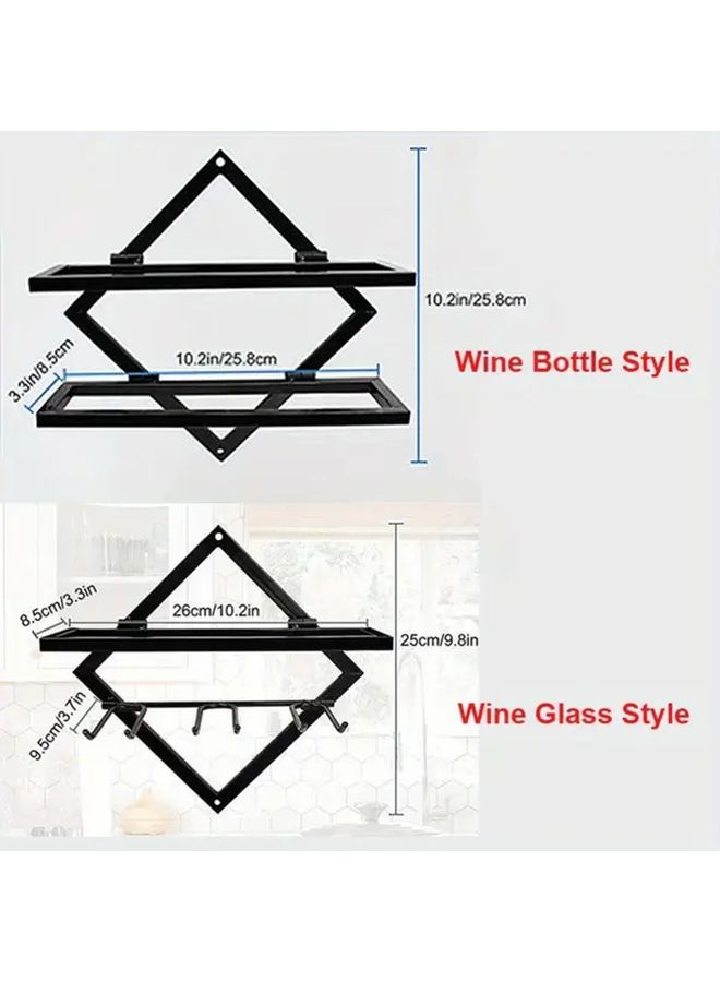 Golden Color Foldable Wall Mounted Wine Rack With Glass Holder For 2 Bottles - Image 2
