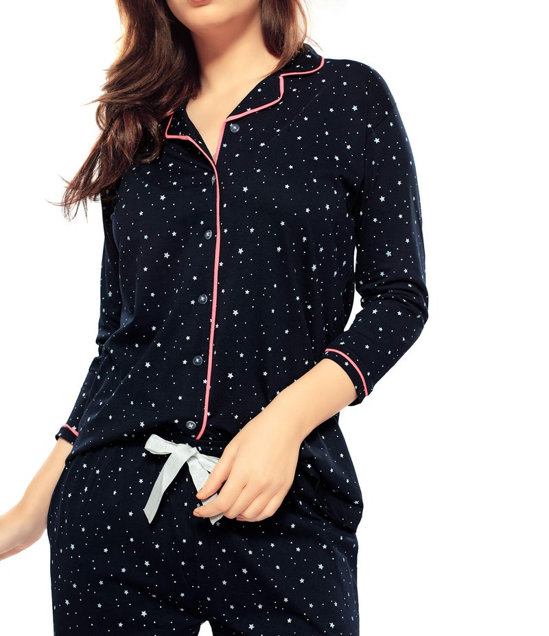 ZEYO Women's Cotton Star & Dot Printed Pajama Set Night Suit Set Of Shirt & Pyjama 5155 (Dark Navy Blue 4XL ) - Image 2