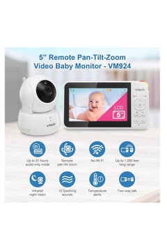 في تك في تيك جهاز مراقبة اطفال فيديو عن بعد VM924، شاشة LCD 5 انش، بث فيديو يصل الى 17 ساعة، رؤية ليلية، نطاق يصل الى 1000 قدم، اصوات مهدئة، تحدث ثنائي الاتجاه، مستشعر درجة الحرارة، نقل امن، ابيض، لاسلكي  - Image 2