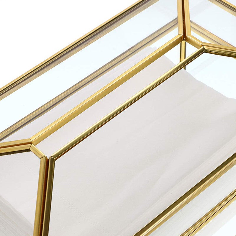 Clear Glass Tissue Holder 22.5x12.5x11.5cm Rectangular Sleek Durable Construction - Beautiful Gold Metal Frame Decorative Napkin Storage for Home Bathroom Wedding Venue - Image 3