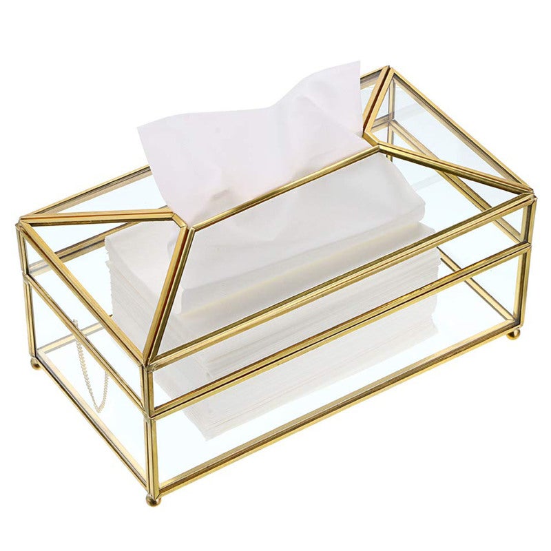 Clear Glass Tissue Holder 22.5x12.5x11.5cm Rectangular Sleek Durable Construction - Beautiful Gold Metal Frame Decorative Napkin Storage for Home Bathroom Wedding Venue - Image 1