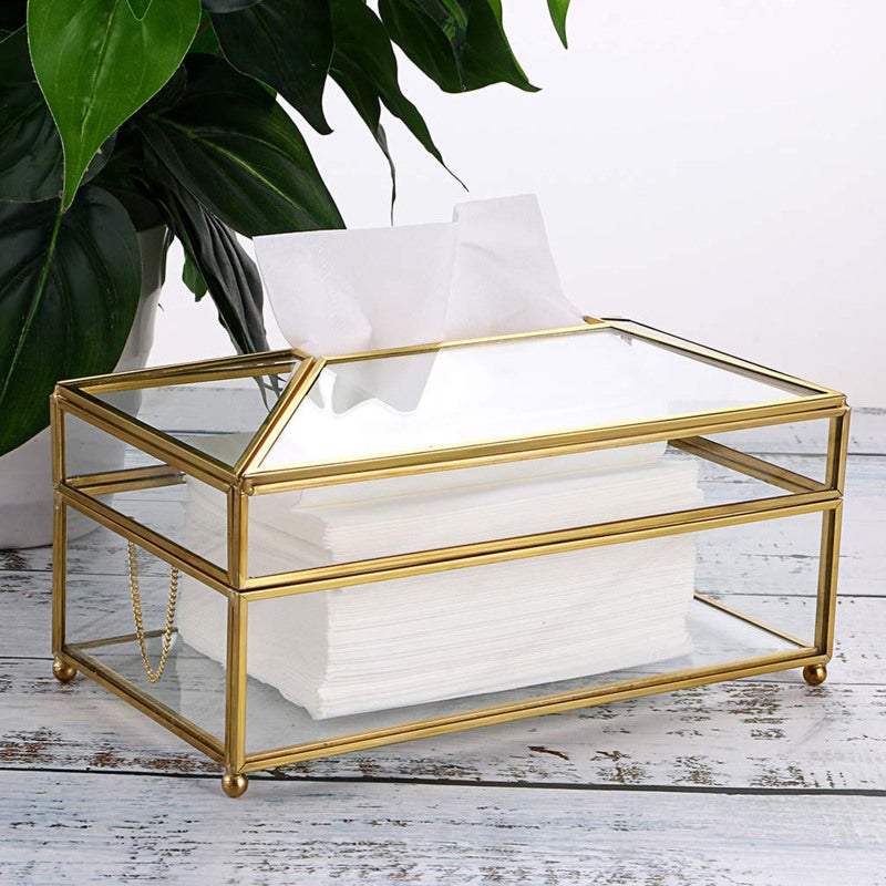 Clear Glass Tissue Holder 22.5x12.5x11.5cm Rectangular Sleek Durable Construction - Beautiful Gold Metal Frame Decorative Napkin Storage for Home Bathroom Wedding Venue - Image 4