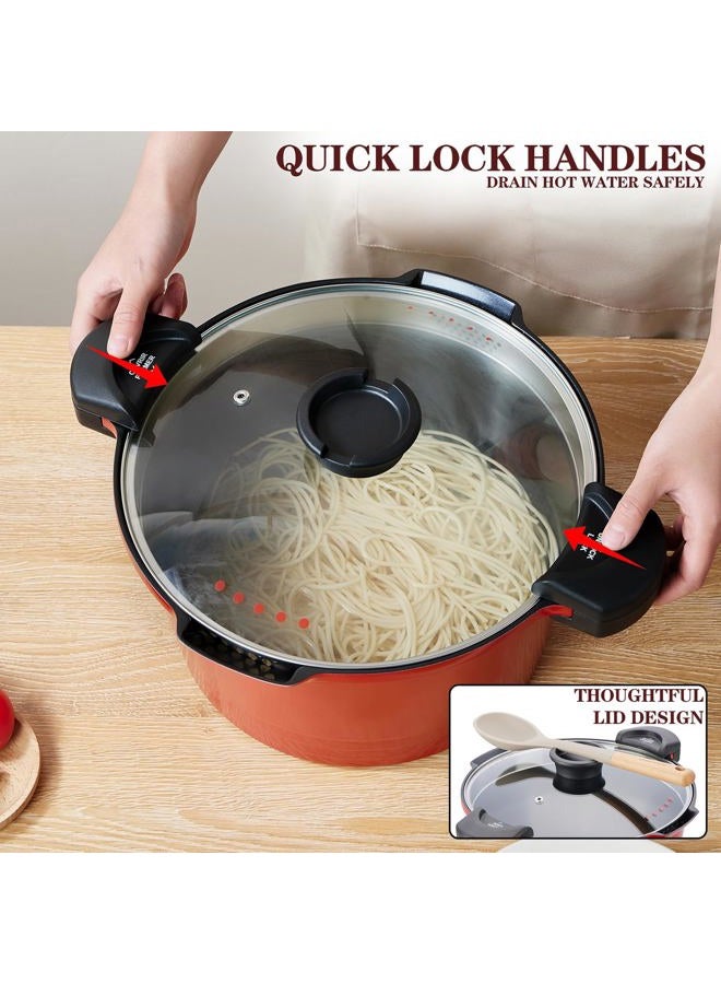 ACTIV CUISINE 8.5qt Pasta Pot with Strainer Lid, Cast Aluminum Stockpot Multipot, Nonstick Ceramic Coating make Cleanup easy with Tempered Glass Lid, Dishwasher Safe, Induction, Red - Image 4