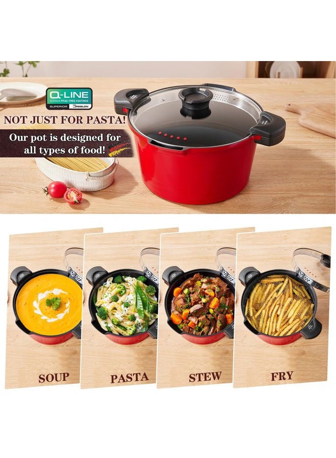 ACTIV CUISINE 8.5qt Pasta Pot with Strainer Lid, Cast Aluminum Stockpot Multipot, Nonstick Ceramic Coating make Cleanup easy with Tempered Glass Lid, Dishwasher Safe, Induction, Red - Image 3