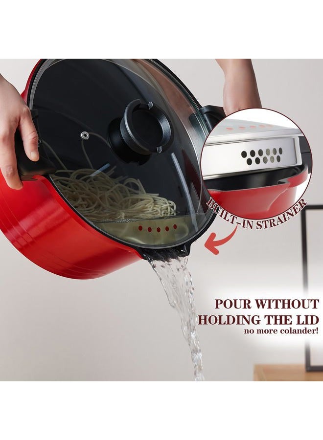 ACTIV CUISINE 8.5qt Pasta Pot with Strainer Lid, Cast Aluminum Stockpot Multipot, Nonstick Ceramic Coating make Cleanup easy with Tempered Glass Lid, Dishwasher Safe, Induction, Red - Image 2