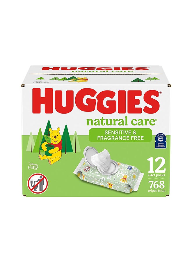 HUGGIES Natural Care Sensitive Baby Wipes, Unscented, Hypoallergenic, 99% Purified Water, 12 Flip-Top Packs (768 Wipes Total), Packaging May Vary - Image 1