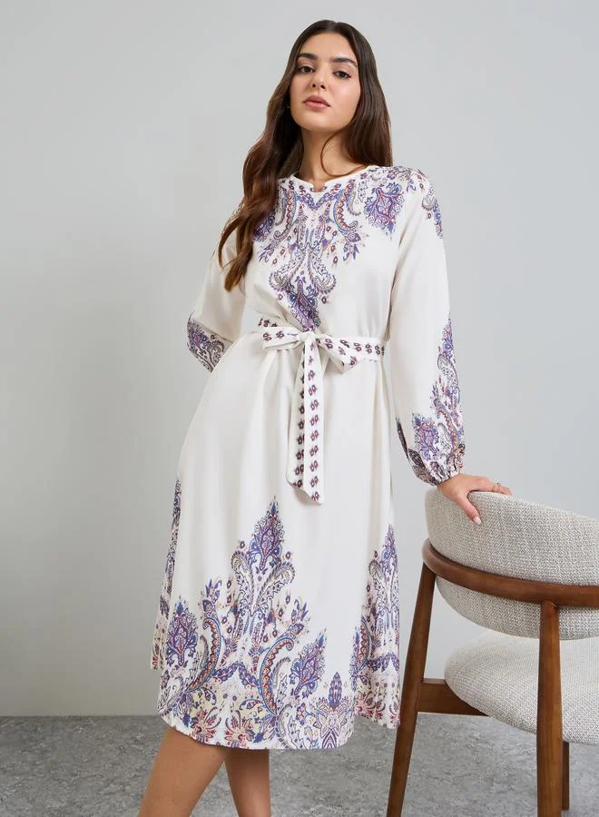 تايك تو Off White Printed A-Line Midi Dress with Tie-Belt
