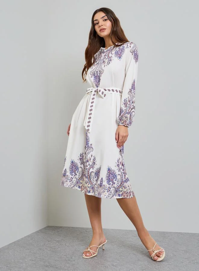 تايك تو Off White Printed A-Line Midi Dress with Tie-Belt