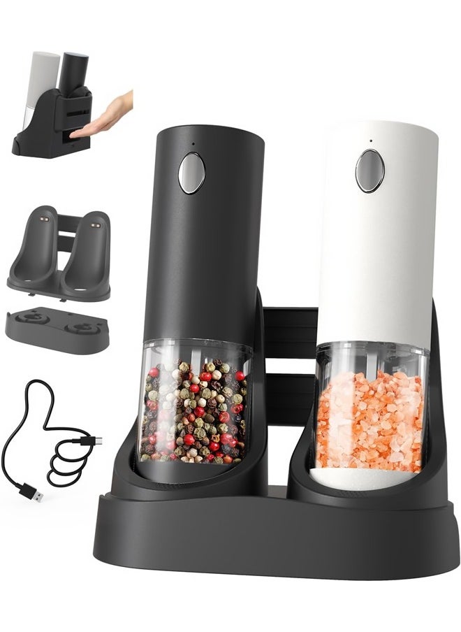 Bukela Electric Salt and Pepper Grinder Set Automatic Salt and Pepper Grinder Set with Charging Base and White LED Light, Adjustable Coarseness, USB Rechargeable, Washable Container  - Image 1