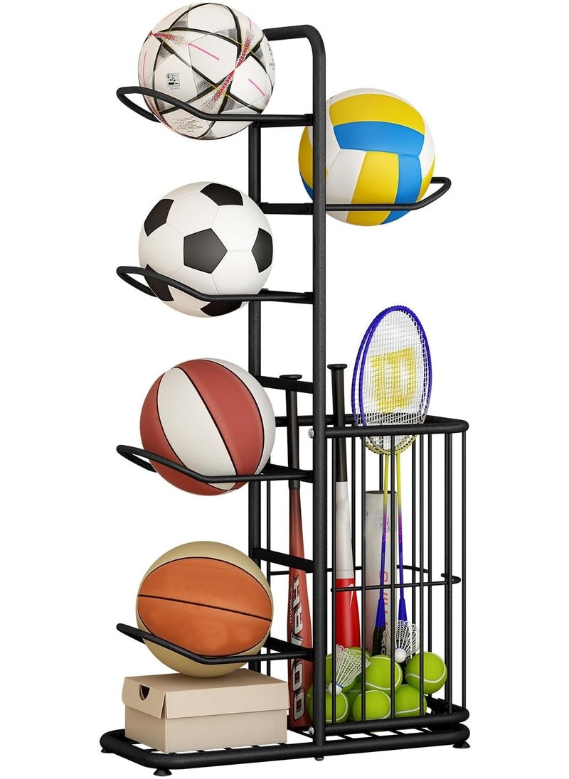 AIWANTO Multifunctional Sports Storage Rack Basketball Soccer Volleyball Badminton Racket Cricket Football Indoor Home Simple Design Black 116 CM  - Image 1