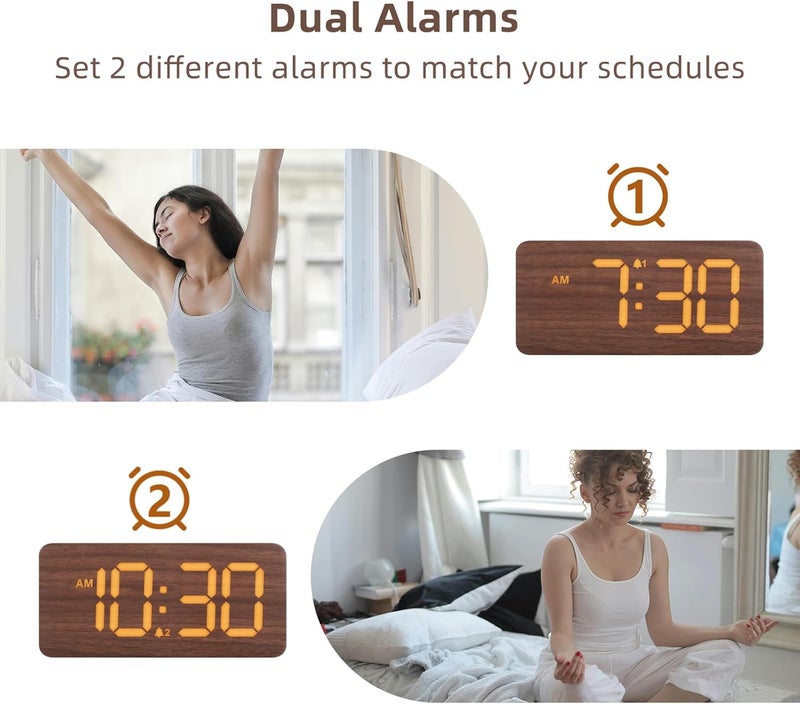 uscce Wooden Digital Alarm Clocks for Bedrooms: Dimmable Dual Alarm Clock with Large Numbers for Bedside Desk - Loud Alarm for Heavy Sleepers with Volume Control - Wood Decor & Gifts - Image 5