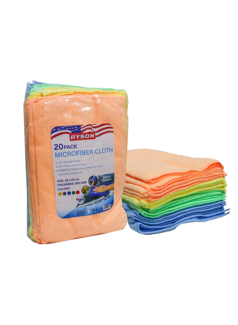 BYSON Premium 20PK Microfiber Cloths 250GSM - Ultra Soft 30x40CM Reusable Towels for Streak Free Cleaning, Car Detailing, Glass, Home, and Office - Lint Free & Durable Design - Image 1